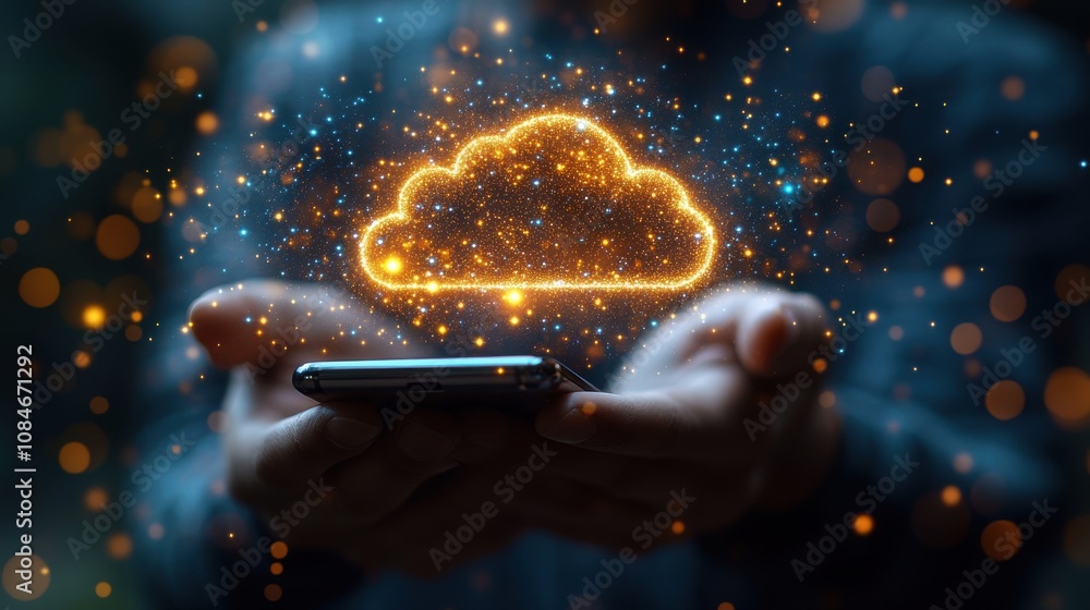Aufkleber businessman holding mobile phone which on the top of phone has upload and download cloud space compu
