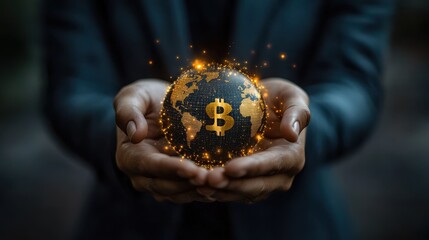 Fototapeta premium businessman holding virtual world with currency sign for forex exchange and global money transfer by technology concept