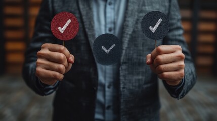 businessman is thinking and making choices between right and wrong symbols decide to vote concept yes or no decisions business options in difficult situations true false crisis decision makin