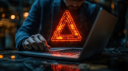 businessman or it staff programmer developer using computer laptop with triangle caution warning sign for notification error and maintenance concep