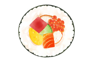 7種の具材の海鮮太巻き (えび,鰻,きゅうり,卵,サーモン,マグロ,いくら)　水彩タッチ