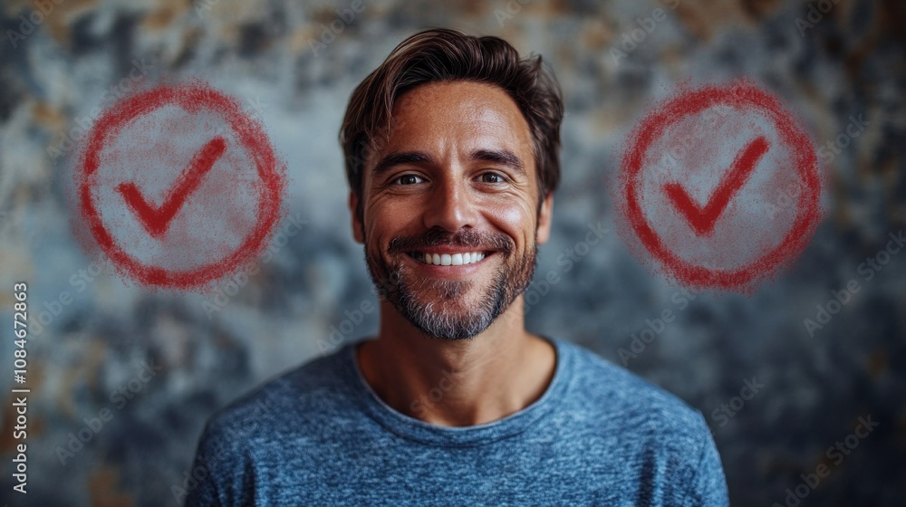 Poster businessman showing virtual icons assessment checkboxes data analysis process pre approval quality a
