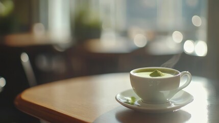 Fototapeta premium Matcha latte in a beautiful porcelain cup, elegant cafe setting with soft focus background 