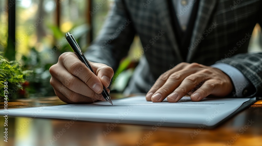 Poster businessman sign terms of use concept reading terms and conditions of website or service before clic
