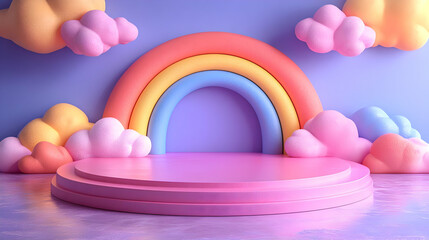 3D Rainbow and Clouds Podium