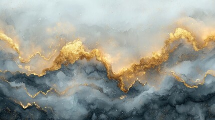 Abstract artwork featuring swirling gray and gold patterns, evoking elegance and fluidity.