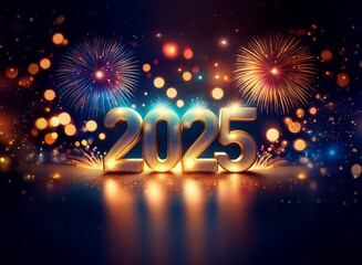 Golden 2025 in 3D against a blue background with fireworks exploding in the distance.