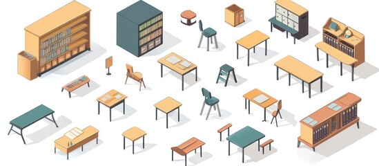 Fototapeta premium Modern school furniture, including desks, chairs, and storage units, well-arranged, 