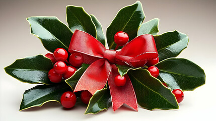 Red Berries and Green Leaves with a Red Bow - Illustration