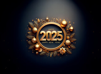 A golden ring with the year 2025, "Happy New Year" text, and ornate embellishments against a dark background.