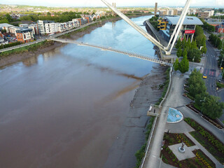 High Angle View of Newport City on River Usk Wales, United Kingdom During Sunset. Aerial Footage Was Captured with Drone's Camera on May 27th, 2024
