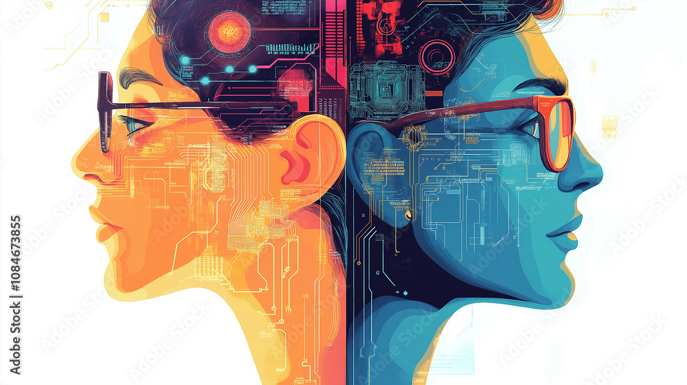 Poster Two profile faces merging with electronic circuitry representing artificial intelligence