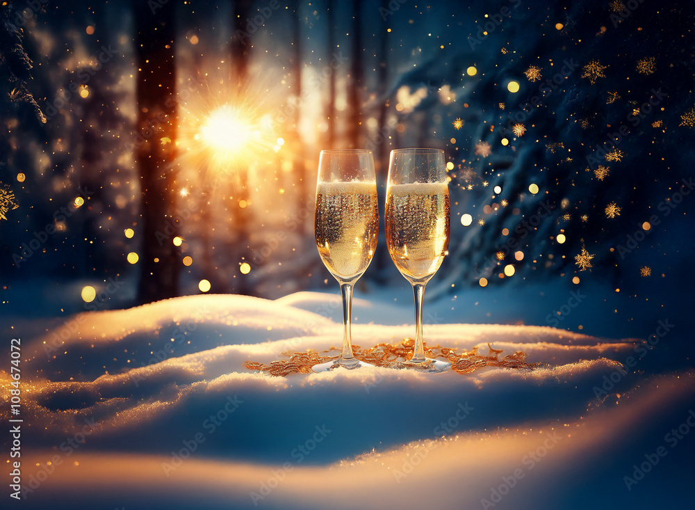 Poster two champagne flutes filled with sparkling wine stand on a snowy ground with the sun setting through