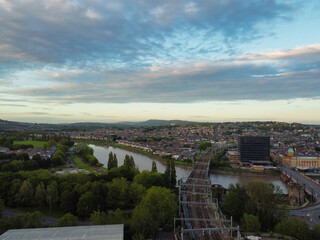 High Angle View of Newport City on River Usk Wales, United Kingdom During Sunset. Aerial Footage Was Captured with Drone's Camera on May 27th, 2024