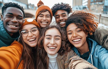 Happy group of diverse friends taking fun selfie outdoors in modern city