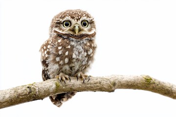 A Charming Little Owl Perched on a Branch Against a White Background