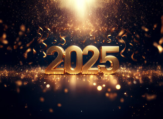 A dark background with a spotlight shining on the year 2025 rendered in gold 3D lettering and surrounded by gold confetti and streamers.