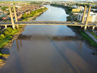 High Angle View of Newport City on River Usk Wales, United Kingdom During Sunset. Aerial Footage...