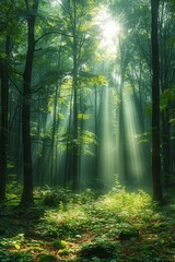 Obraz premium Misty Morning Sunbeams in the Forest