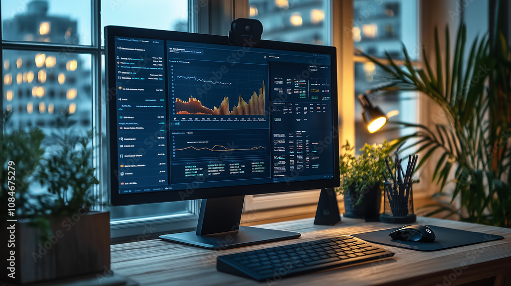 Poster financial data displaying on desktop computer screen in cozy home office at night