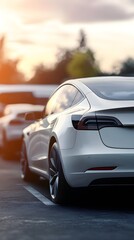 Elegant white electric car parked in a modern urban setting during sunset, showcasing streamlined design and contemporary style, blending technology with nature's beauty.