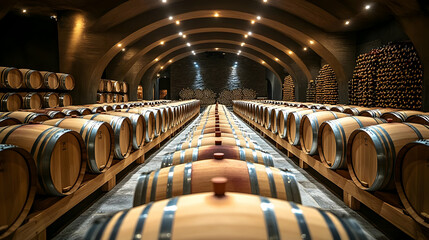 Wine Cellar Interior with Wooden Barrels - Realistic Photo