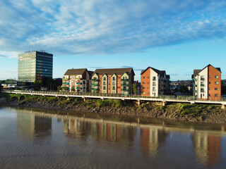 High Angle View of Newport City on River Usk Wales, United Kingdom During Sunset. Aerial Footage Was Captured with Drone's Camera on May 27th, 2024