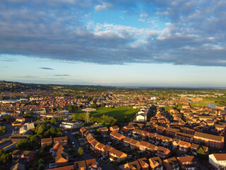 High Angle View of Newport City on River Usk Wales, United Kingdom During Sunset. Aerial Footage...