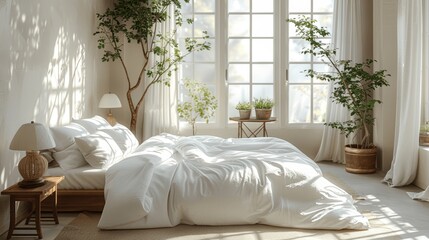 Modern minimalist bedroom with large window, empty double bed with white linens and pillows