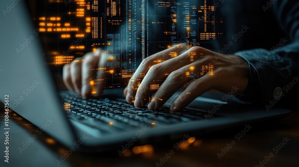 Poster businessman using laptop with personal information file storage concept hr checklists of employees c