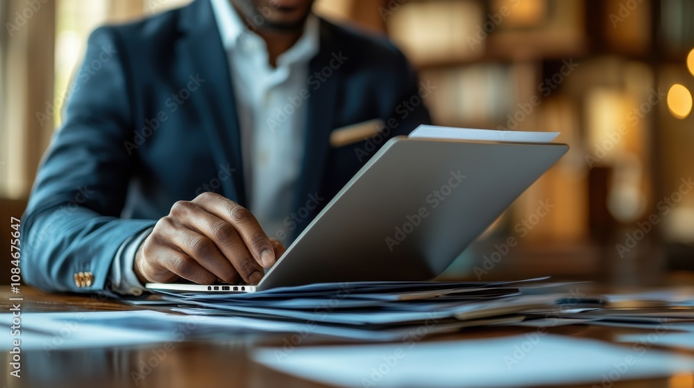 Poster businessman using laptop with personal information file storage concept hr checklists of employees c