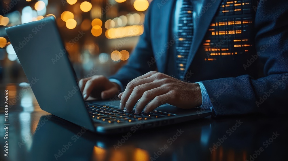 Poster businessman using laptop with personal information file storage concept hr checklists of employees c