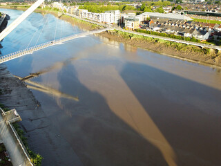 High Angle View of Newport City on River Usk Wales, United Kingdom During Sunset. Aerial Footage...