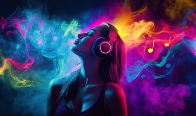 Vibrant music experience with headphones, colorful smoke, and musical notes. Woman enjoying music, illuminated by neon colors, ethereal atmosphere.