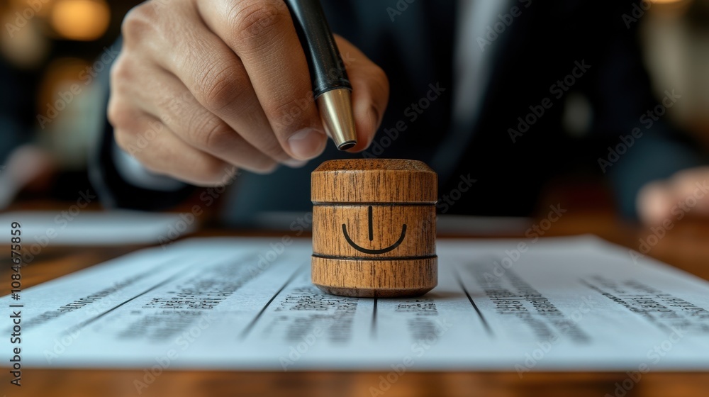 Poster businessman using rubber stamping on paper with correct sign mark symbol and electronic doc icon for