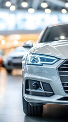 Fototapeta premium Elegant and Modern Silver Sedan in Showroom Display with Bright Lighting and Smooth Lines Highlighting Luxury Automotive Design Features