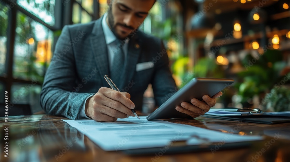 Poster businessman using tablet tick mark on virtual document for online approve paperless quality assuranc
