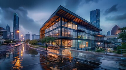 Obraz premium A modern glass house surrounded by lush trees, featuring open architecture with metal frames, wooden accents, and rooftop greenery, blending harmoniously with its natural environment.