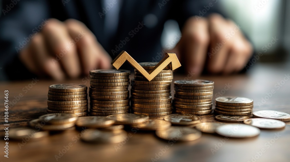Poster businessman working on company cost saving cost wording on decreasing coins stacking with the down a