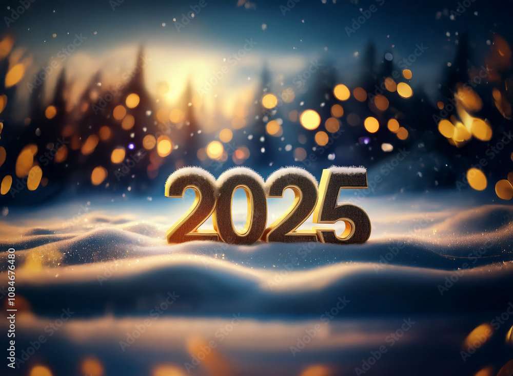 Poster golden 2025 numerals rest on a snowy surface with a blurred background of trees and bokeh lights.