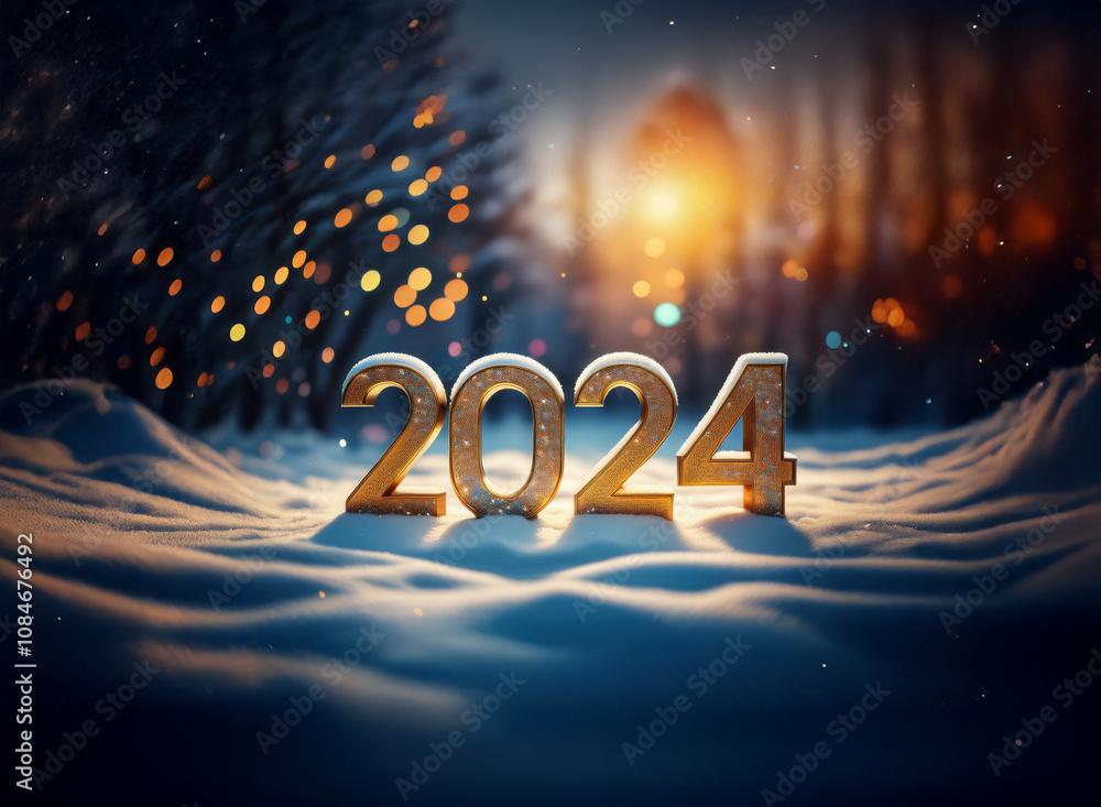 Poster the year 2024 is displayed in large golden numbers on a snowy field, with a glowing sunset and trees