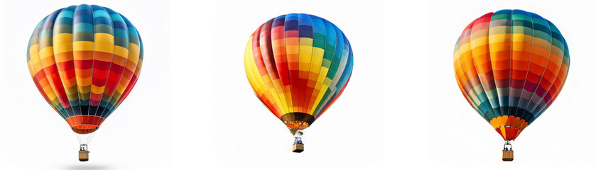 Fototapeta premium Three hot air balloons are displayed against a white background. Each balloon has a different color pattern, featuring shades of blue, red, yellow, and orange.