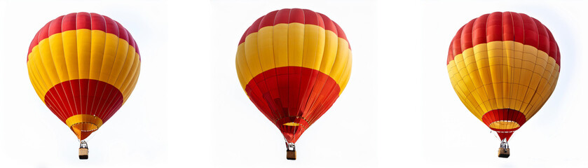 Fototapeta premium Three red and yellow hot air balloons are against a white background.