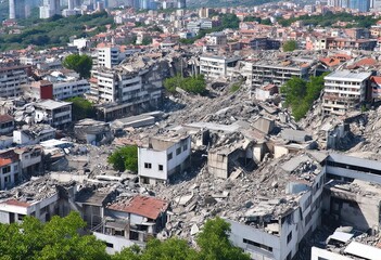 City Destroyed by Earthquake – Devastated Urban Ruins Submerged in Debris After Strong Quake