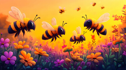 Flying Bees Illustration with Flowers