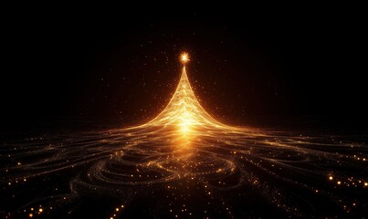 Glowing Christmas tree with golden lights and sparkles, emanating warmth and festive spirit, set against dark background