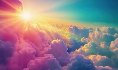 Fototapeta premium Vibrant sunrise over colorful clouds, radiant beams of light illuminating sky, soft pastel hues, serene atmosphere, breathtaking view