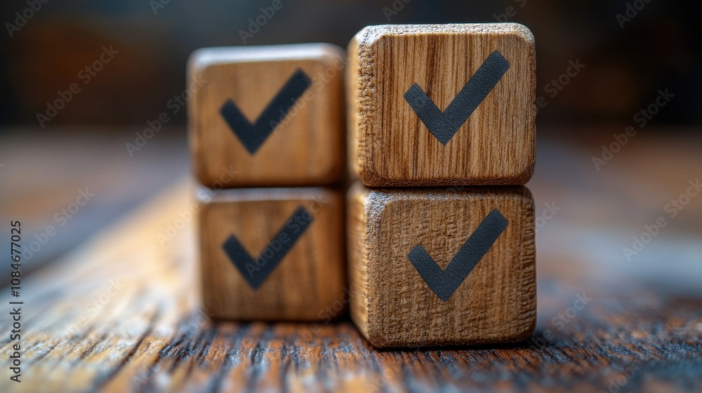 Poster check mark icons for jobs list on the face of wooden stacked blocks task lists checklist survey asse