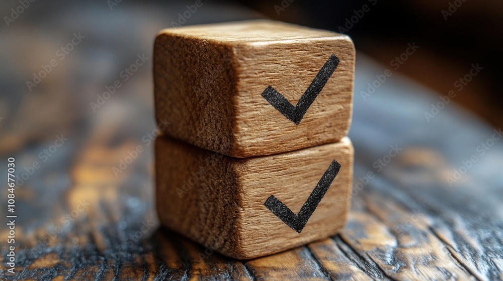Poster check mark icons for jobs list on the face of wooden stacked blocks task lists checklist survey asse