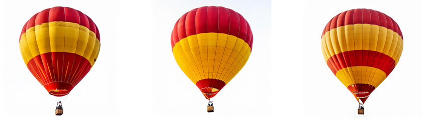 Obraz premium Three hot air balloons, each with a red and yellow striped pattern, float against a white sky.
